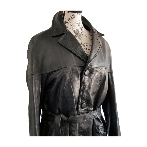 60s Black Leather Trench Coat with Belt and Wide Collar - Picture 3 of 10